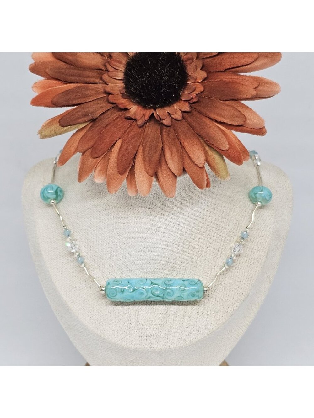 Artisan Blue Swirl Glass Bead Choker Necklace Silver Tone Coastal Boho Jewelry
